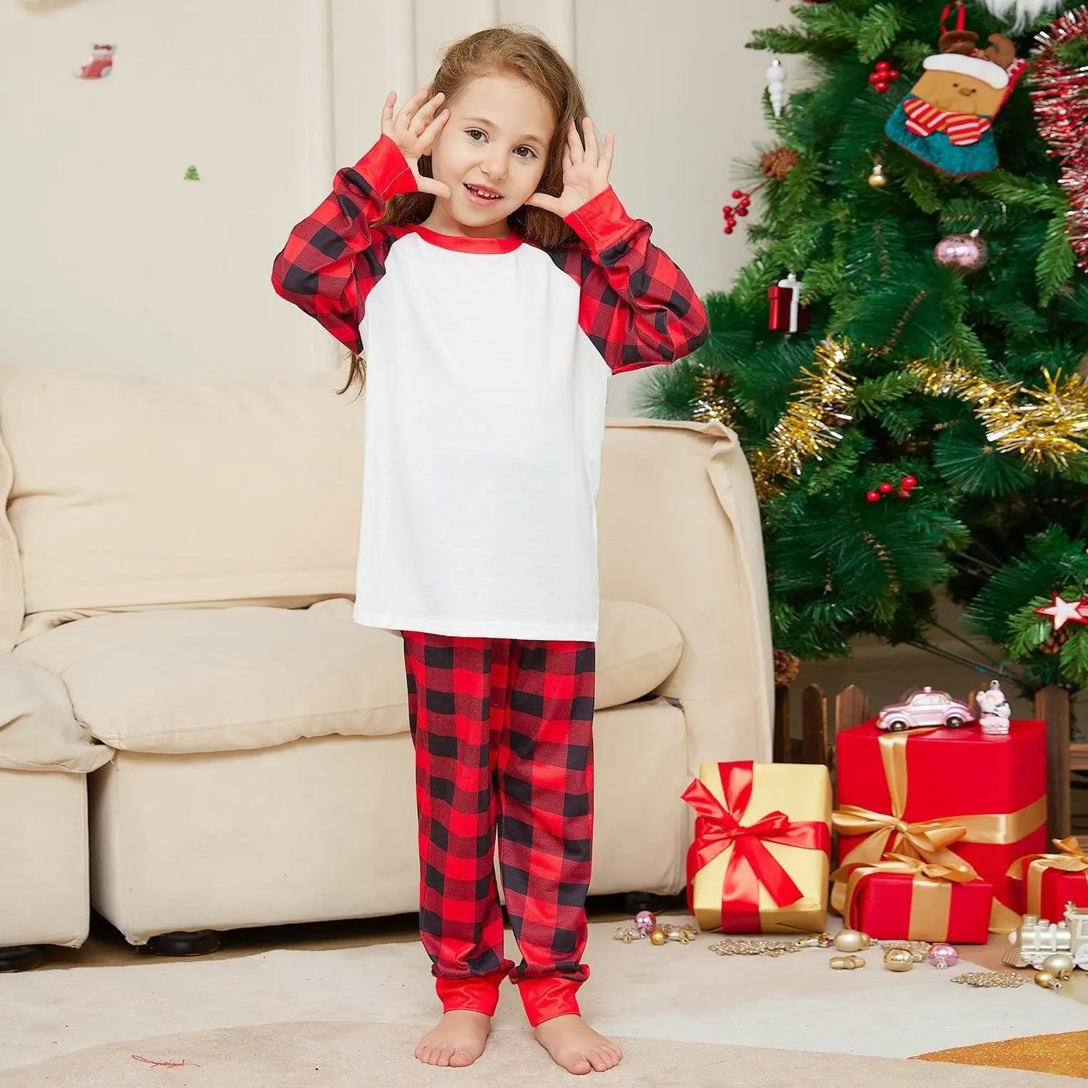 Solid Color Plaid Print Christmas Family Couples Matching Pajamas Party Sets - Pajamasbuy