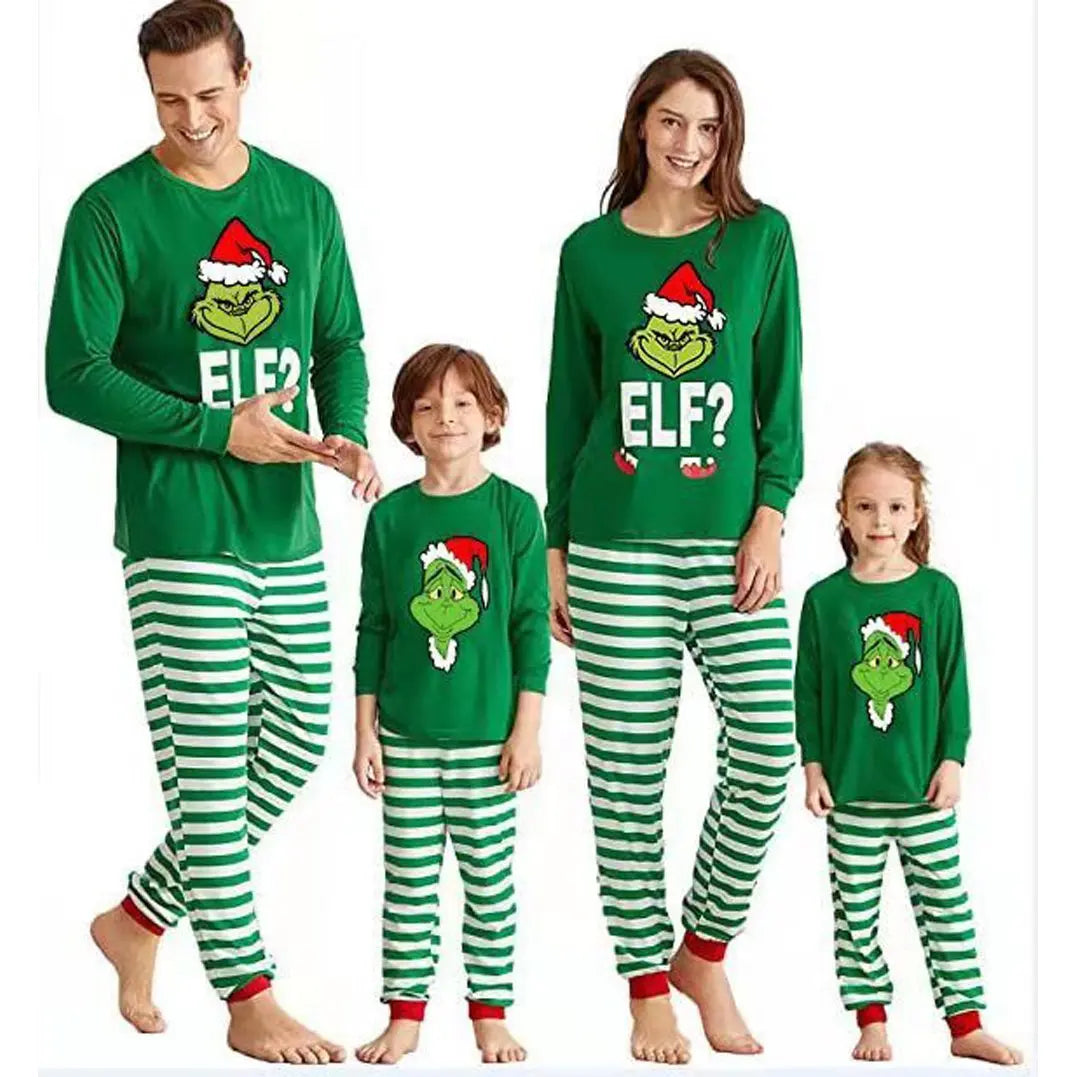 The Grinch Santa Hat Green Stripes Print Christmas Family Matching Pajamas Set - Pajamasbuy