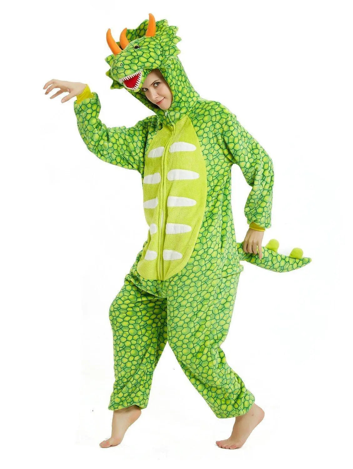 Triceratops Dragon Adult Kigurumi Onesies Pajamas Jumpsuit Animal Costume Light Green - Pajamasbuy