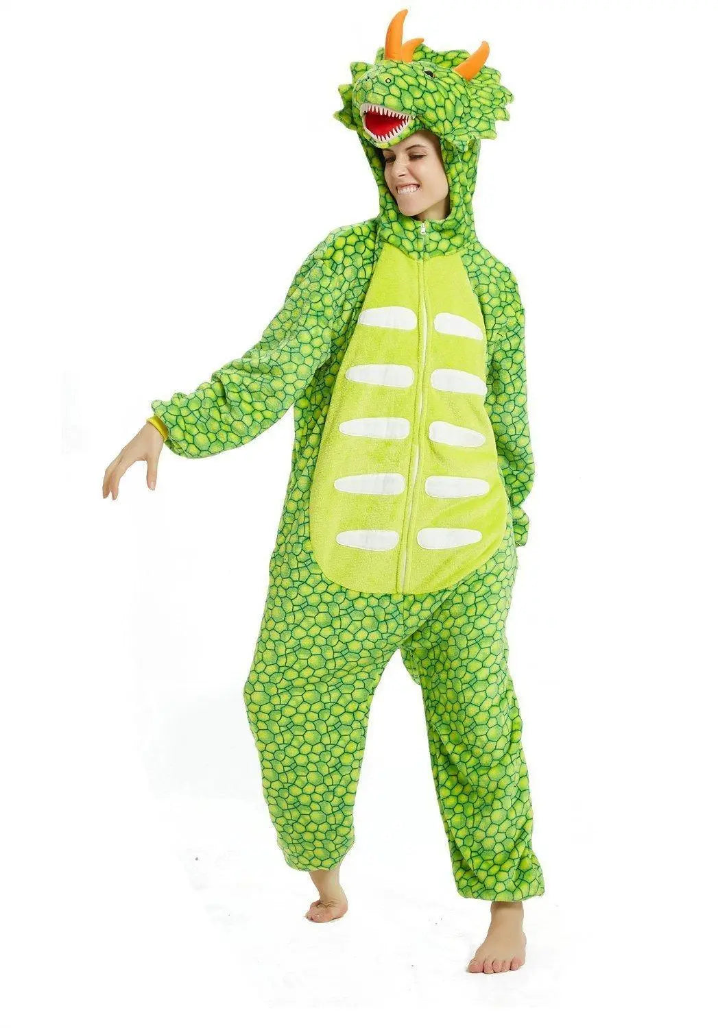 Triceratops Dragon Adult Kigurumi Onesies Pajamas Jumpsuit Animal Costume Light Green - Pajamasbuy