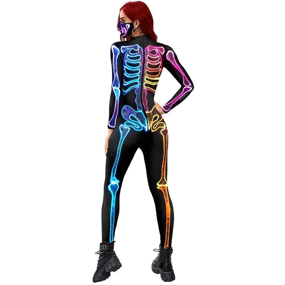 Women Halloween Jumpsuit Skull Cosplay Costume Funny Skeleton Halloween Bodysuit Skinny Catsuit - Pajamasbuy