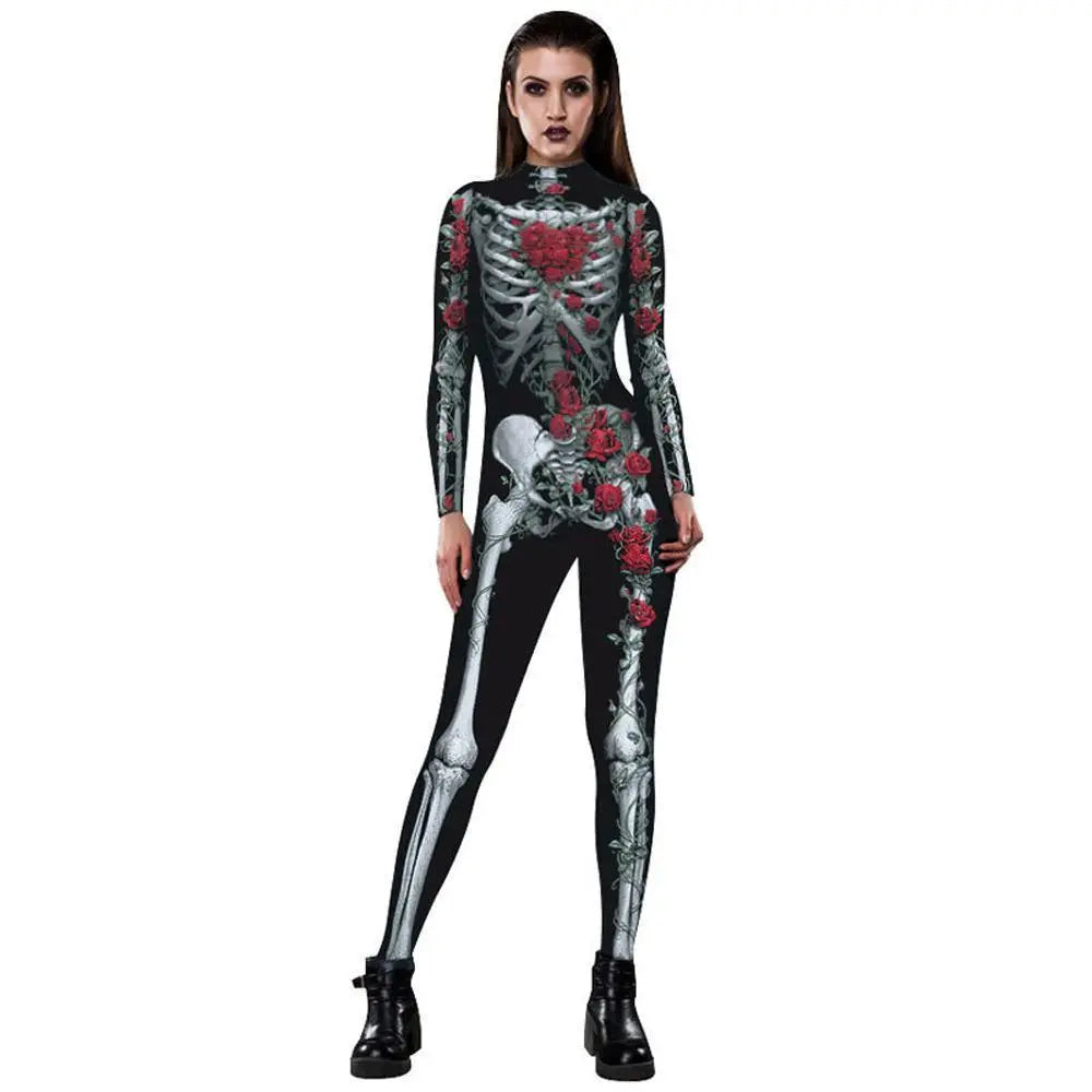 Women Printed Rose Skull Skeleton Catsuit Halloween Costume - Pajamasbuy