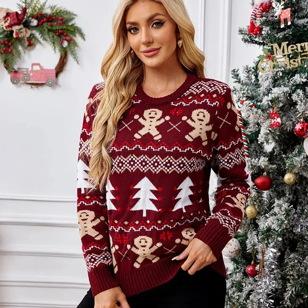 Women's Burgundy Christmas Ugly Sweater with Gingerbread Man Prints and LED Lights|?PajmasBuy