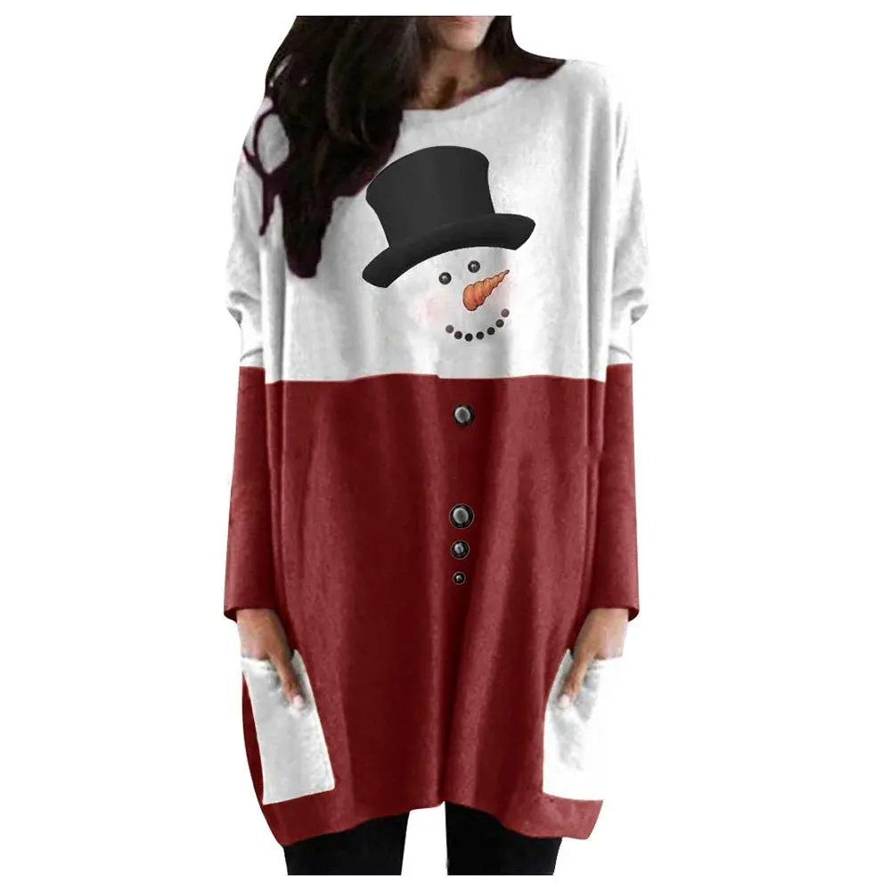 Women's Christmas Skirt Snowman Printed Long Sleeve Dress - Pajamasbuy