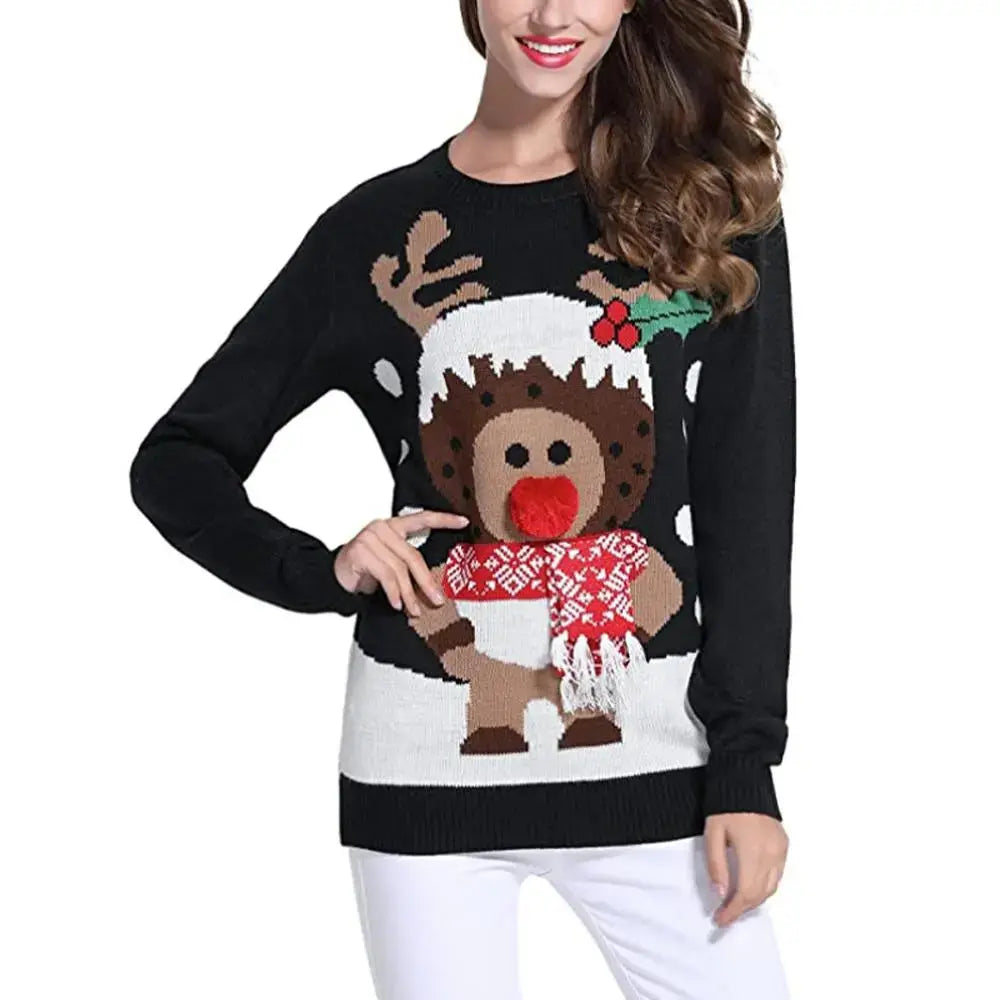 Women's Christmas Sweater Ugly Sweater Black Round Neck with Popular Holiday Print|?PajmasBuy