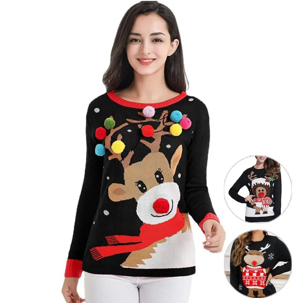 Women's Christmas Sweater Ugly Sweater Black Round Neck with Popular Holiday Print|?PajmasBuy