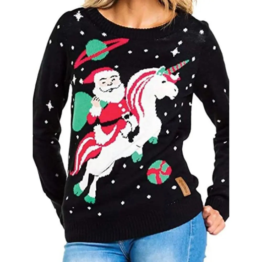 Women's Christmas Ugly Sweater Round Neck Black Sweater with Santa Reindeer Cartoon Knit|?PajmasBuy