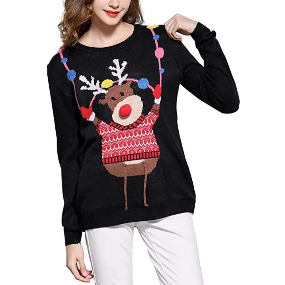 Women's Christmas Ugly Sweater Round Neck Black Sweater with Santa Reindeer Cartoon Knit|?PajmasBuy