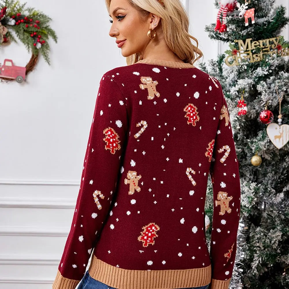 Women's Christmas Ugly Sweater with Gingerbread Man Pattern in Burgundy Red with LED Lights|?PajmasBuy