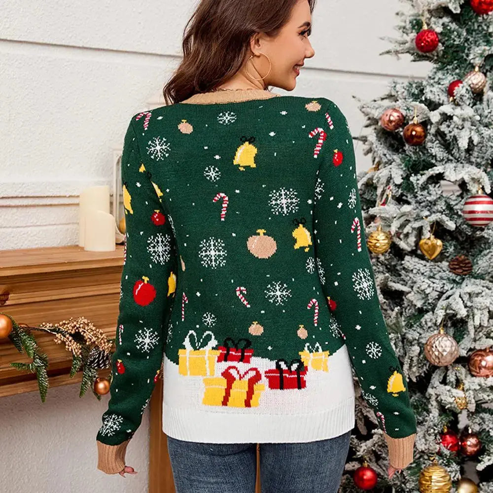 Women's LED Light Up Green Christmas Ugly Sweater with Santa Reindeer Prints|?PajmasBuy