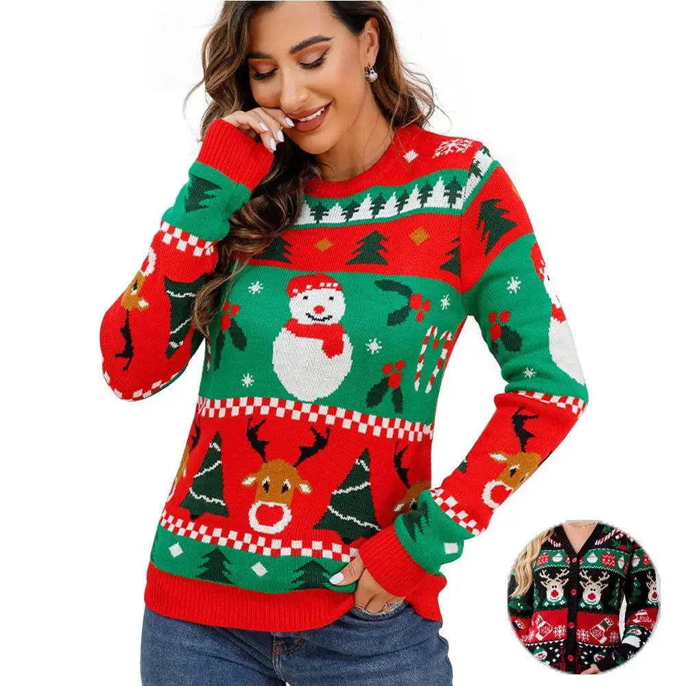 Women's Red Black Long Sleeves Ugly Christmas Sweater Cardigan with Reindeer Knit Prints|?PajmasBuy