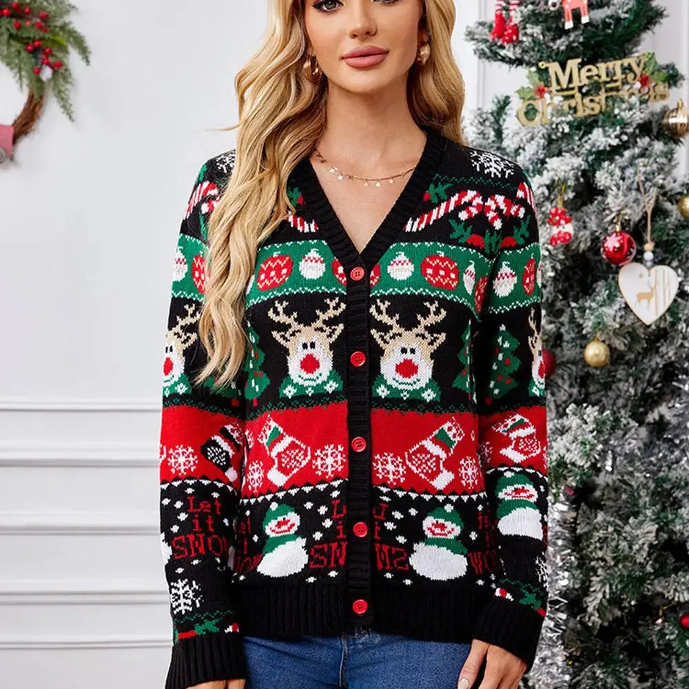 Women's Red Black Long Sleeves Ugly Christmas Sweater Cardigan with Reindeer Knit Prints|?PajmasBuy