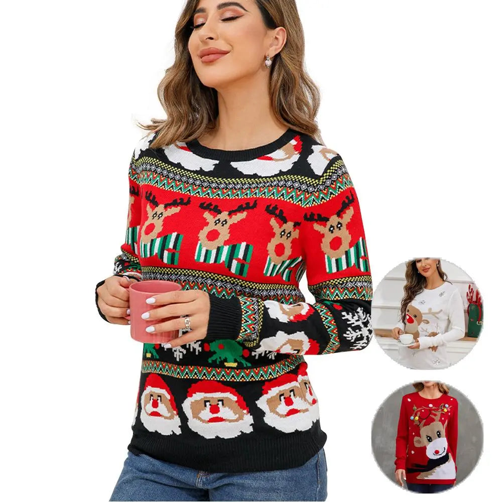 Women's Ugly Christmas Sweater Round Neck In Black Red and White Festive Patterns|?PajmasBuy