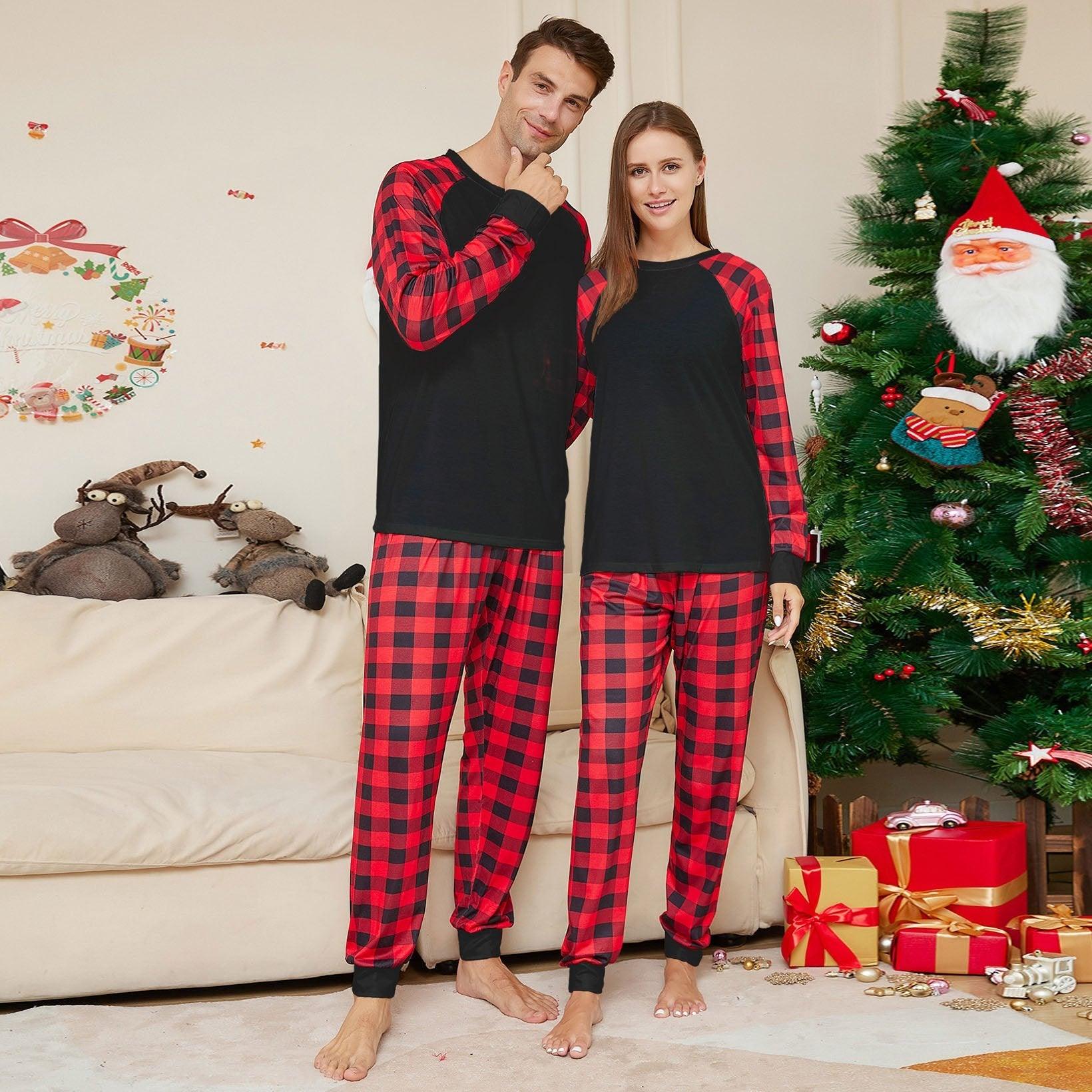 Black Solid Color Plaid Print Christmas Family Couples Matching Pajamas Party Sets - Pajamasbuy