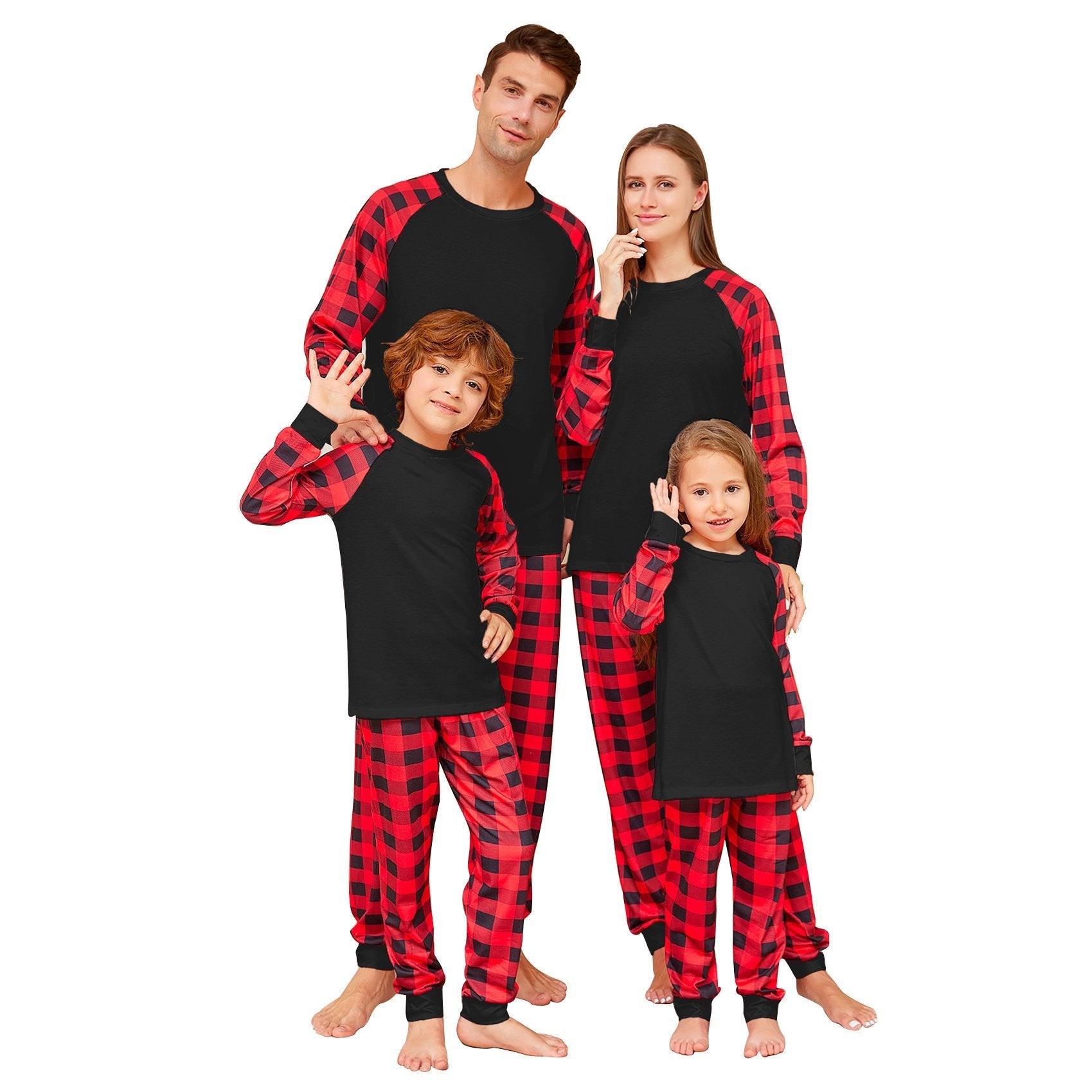 Black Solid Color Plaid Print Christmas Family Couples Matching Pajamas Party Sets - Pajamasbuy