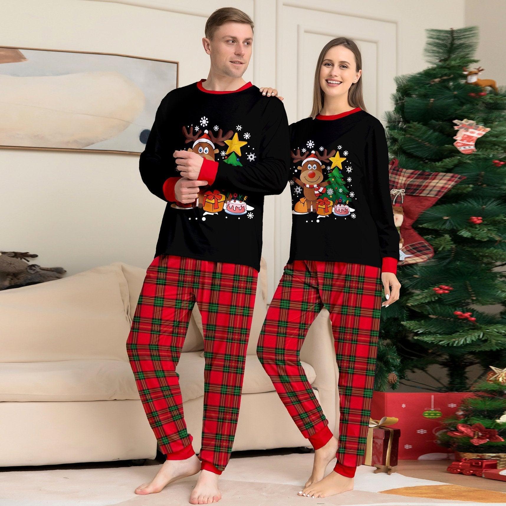 Christmas Funny Matching Family Couples Pajamas for Holiday Elk Letter Chirstmas Tree Print - Pajamasbuy