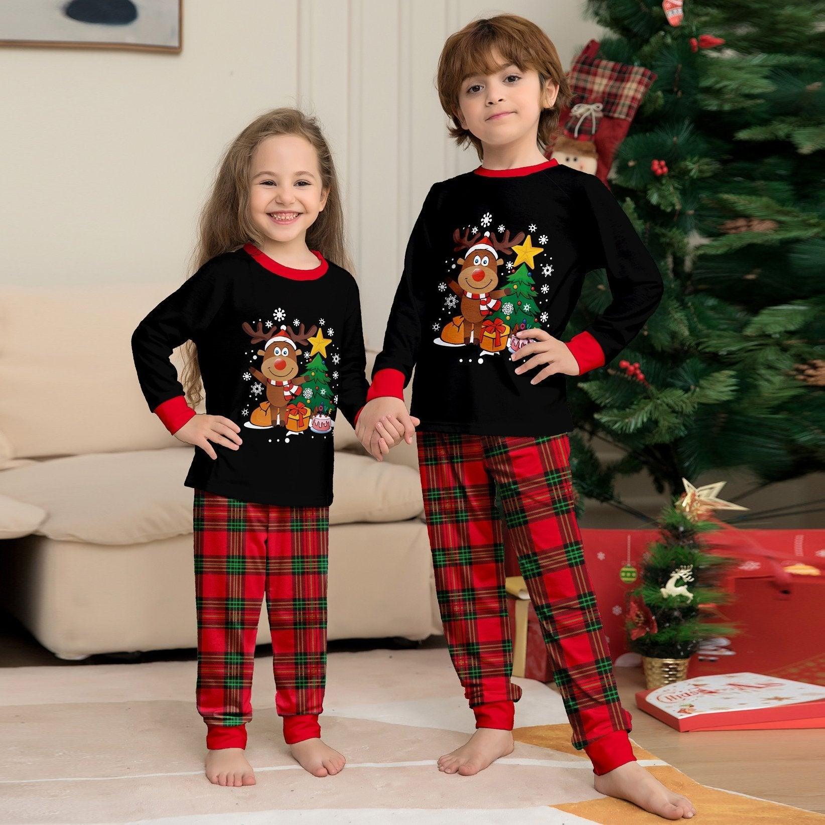 Christmas Funny Matching Family Couples Pajamas for Holiday Elk Letter Chirstmas Tree Print - Pajamasbuy