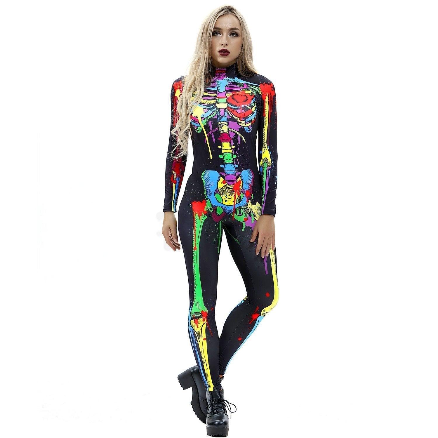 Coloful Skull Halloween Cosplay Costume Bodycon Jumpsuit for Women - Pajamasbuy