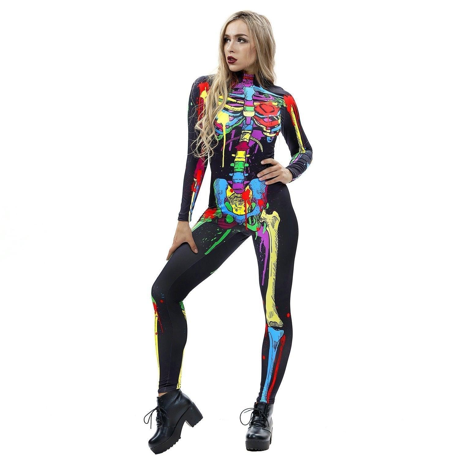 Coloful Skull Halloween Cosplay Costume Bodycon Jumpsuit for Women - Pajamasbuy