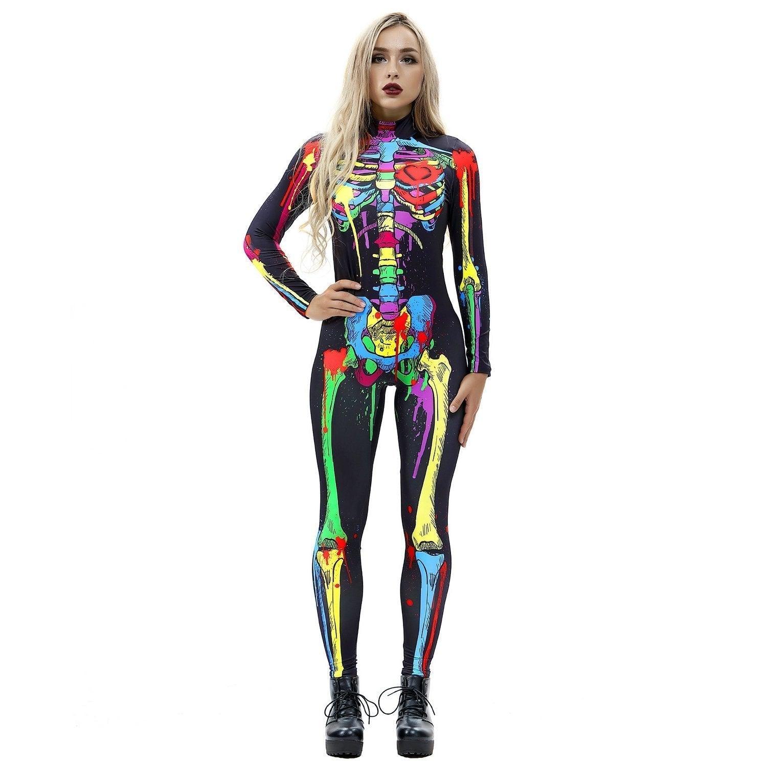 Coloful Skull Halloween Cosplay Costume Bodycon Jumpsuit for Women - Pajamasbuy