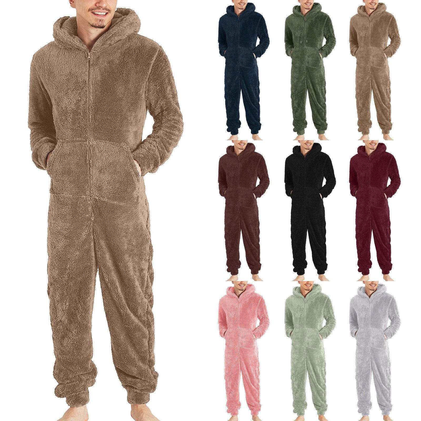 Couple men's thickened warm plush zipper hooded jumpsuit onesies - Pajamasbuy