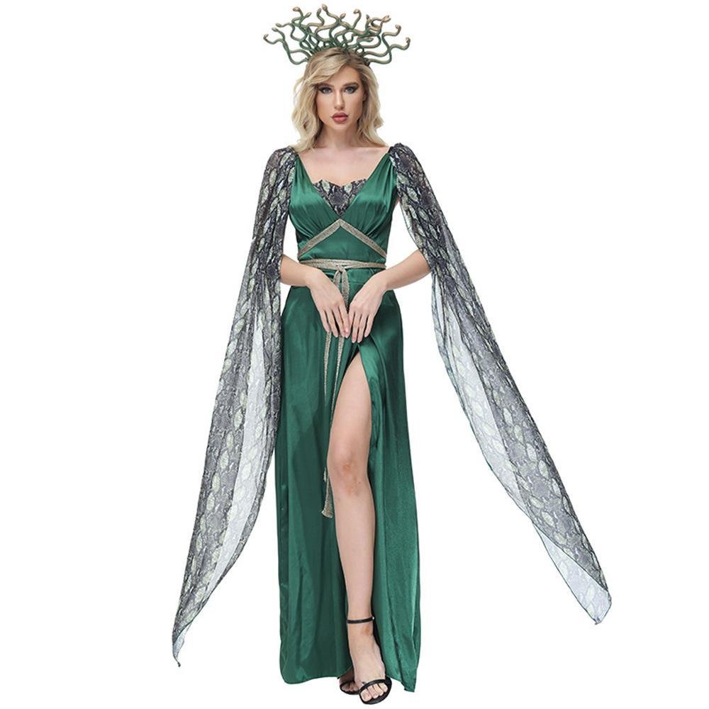 BuyDark green snake print slit dress mythical siren Medusa dress Halloween Costumes for adult Now Cheaper With 3 - 5 Days Ship - PajamasBuy