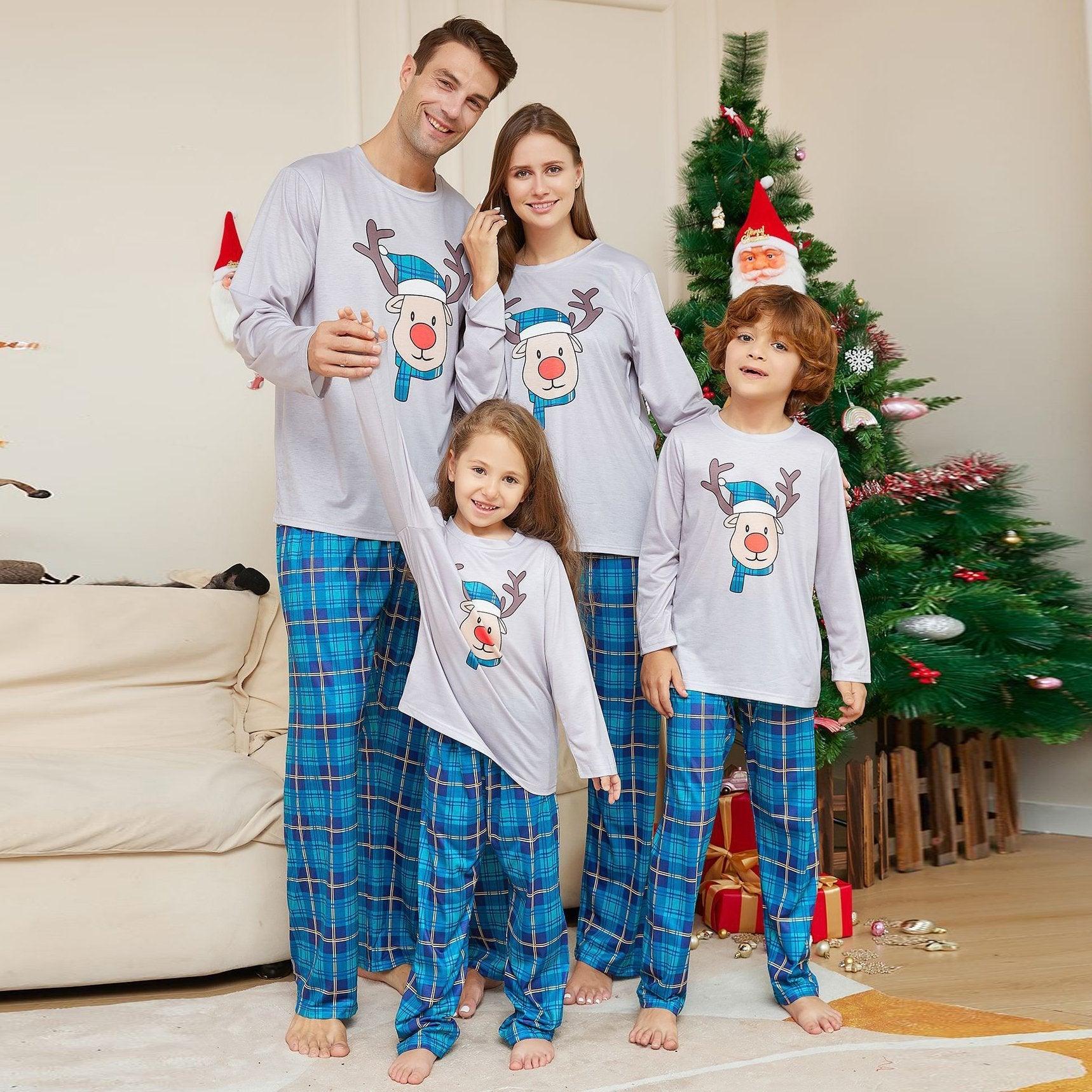 Deer Head Blue Plaid Crew Neck Christmas Family Couples Matching Pajamas Party Sets - Pajamasbuy