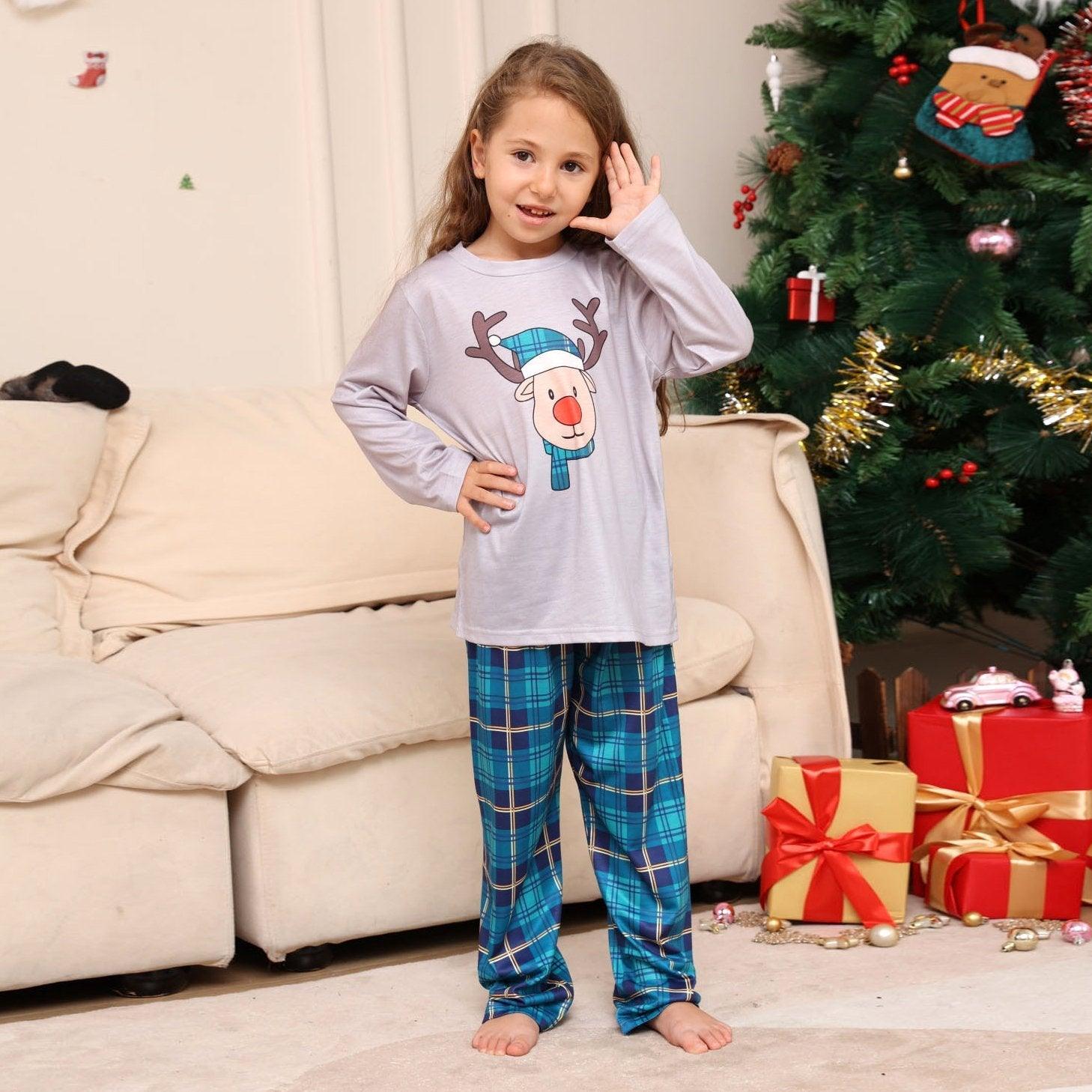 Deer Head Blue Plaid Crew Neck Christmas Family Couples Matching Pajamas Party Sets - Pajamasbuy