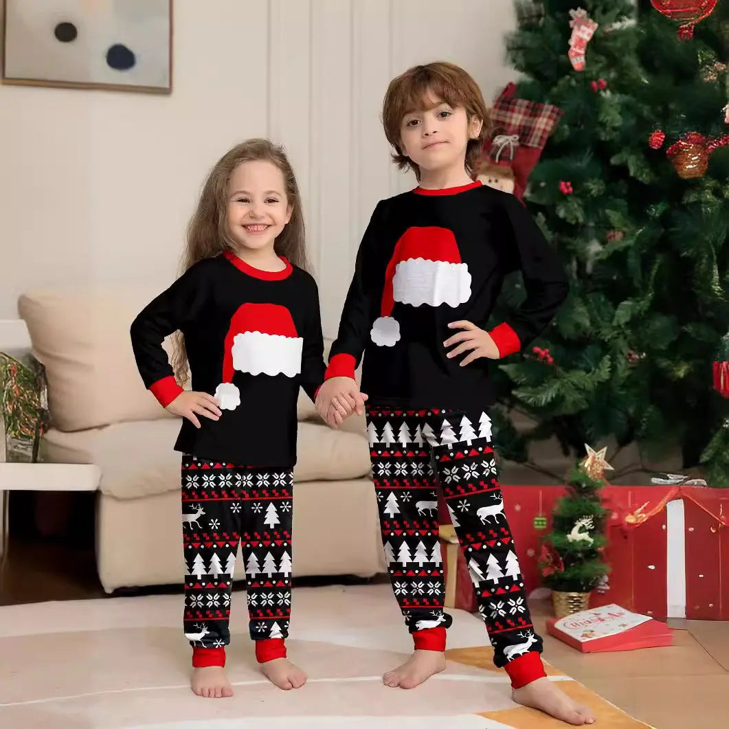 Family Matching Christmas Black Pajamas Santa Hat and Tree Print for Family Adult Kids - PajmasBuy