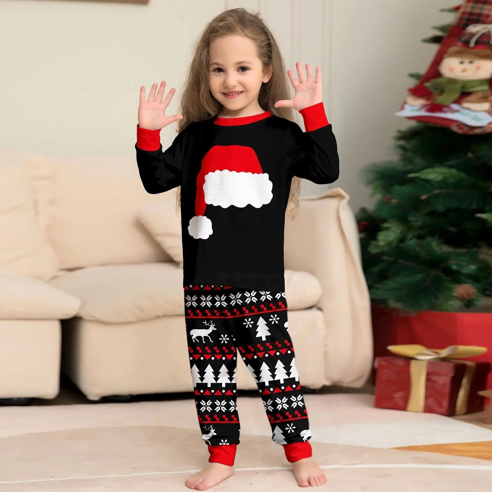 Family Matching Christmas Black Pajamas Santa Hat and Tree Print for Family Adult Kids - PajmasBuy