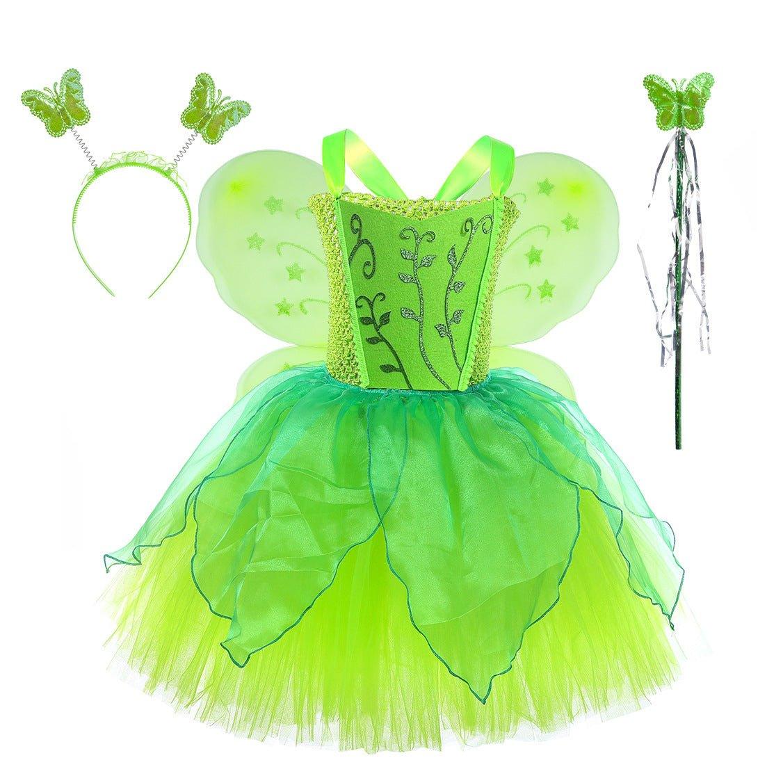 Forest elf Girls Fairy Costume with Butterfly Wings Set Tutu Wand and Halo Headband - Pajamasbuy