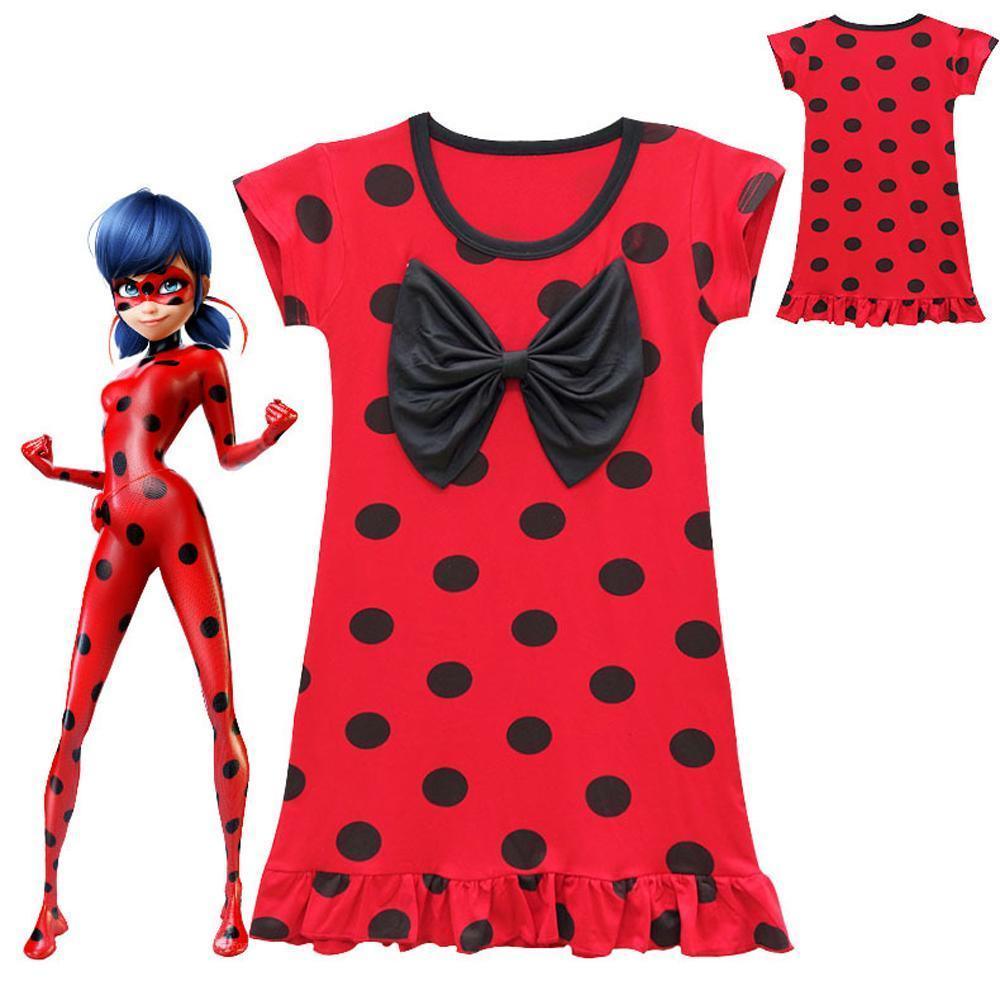 Girls Ruffled short sleeve bow Red Black Dot Miraculous Ladybug Dress Kids Cosplay Ladybug Costume Party Costume - Pajamasbuy