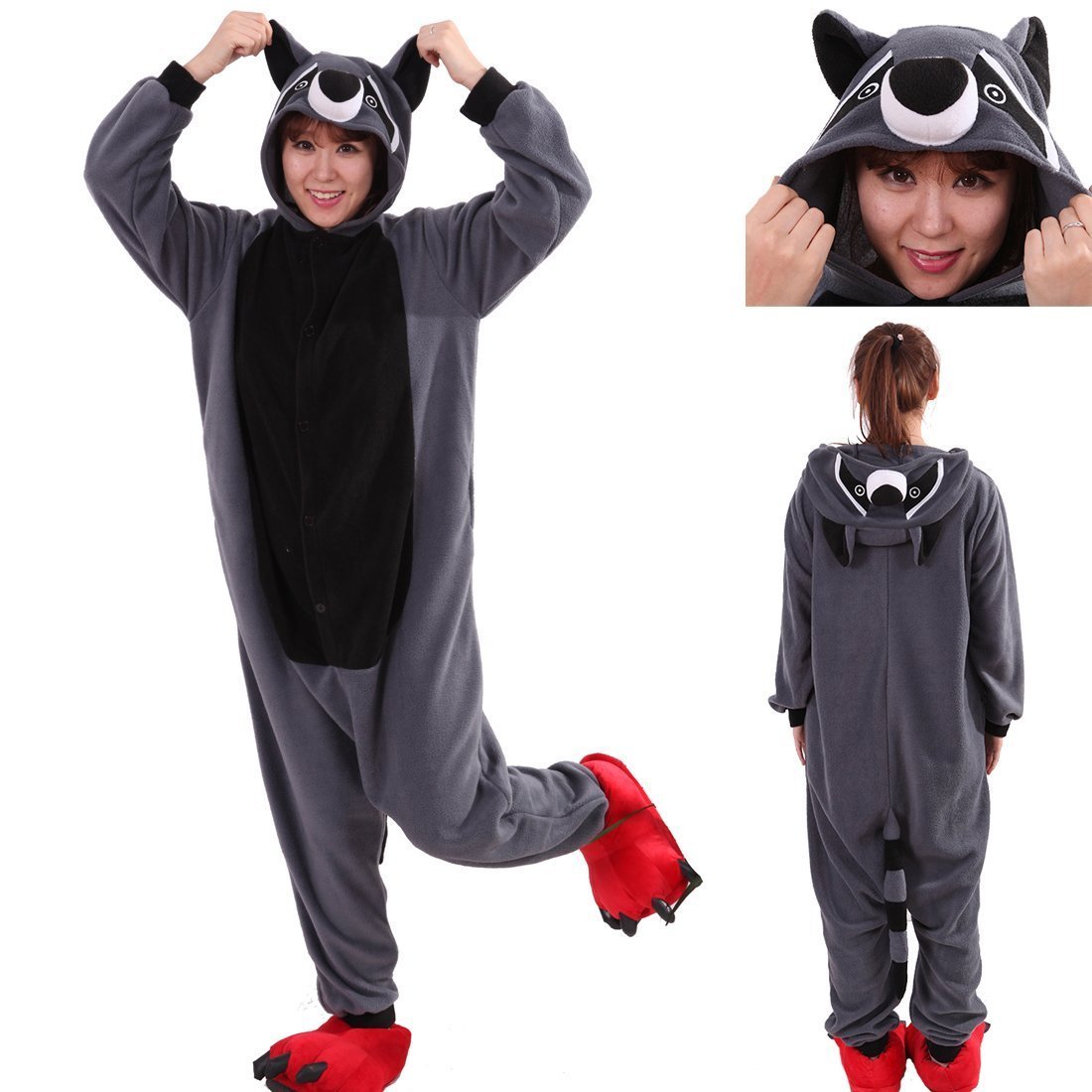 BuyGrey Coon Racoon Kigurumi Animal Onesies Costume Pajamas Now Cheaper With 3 - 5 Days Ship - PajamasBuy