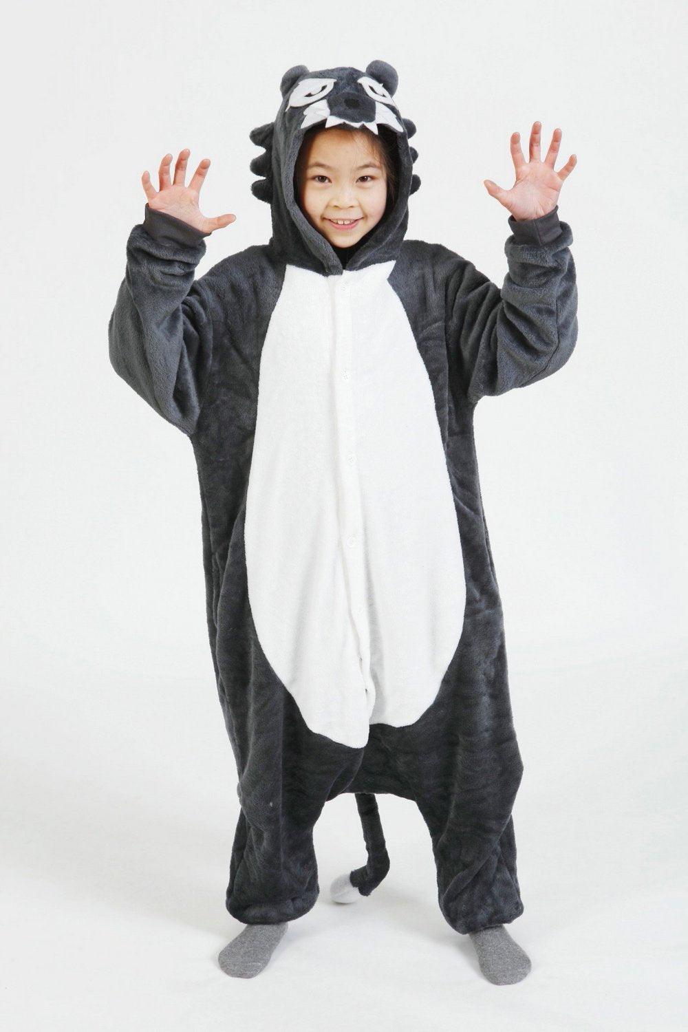 Grey Wolf Kigurumi Pajamas Kids Animal Hoodie Onesie Cosplay - Pajamasbuy