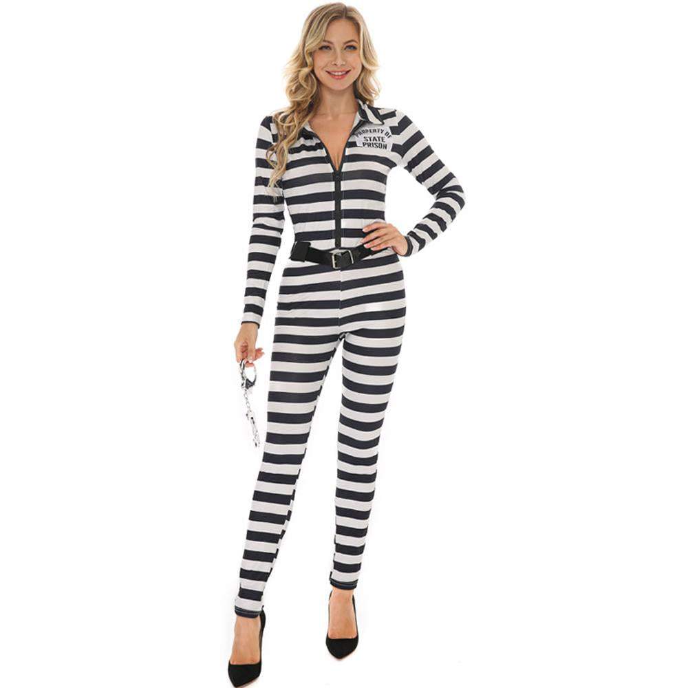 BuyHalloween woman black and white striped prisoner costume Now Cheaper With 3 - 5 Days Ship - PajamasBuy