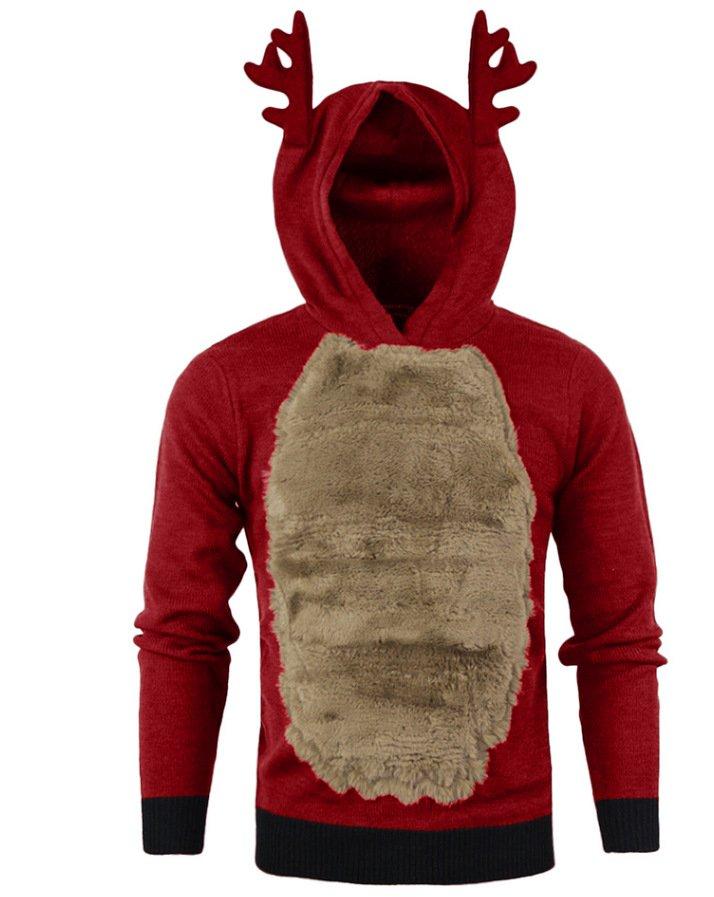 Christmas Hoodie for Men Sweatshirt Furry Reindeer Jacket Plus Velvet Coat