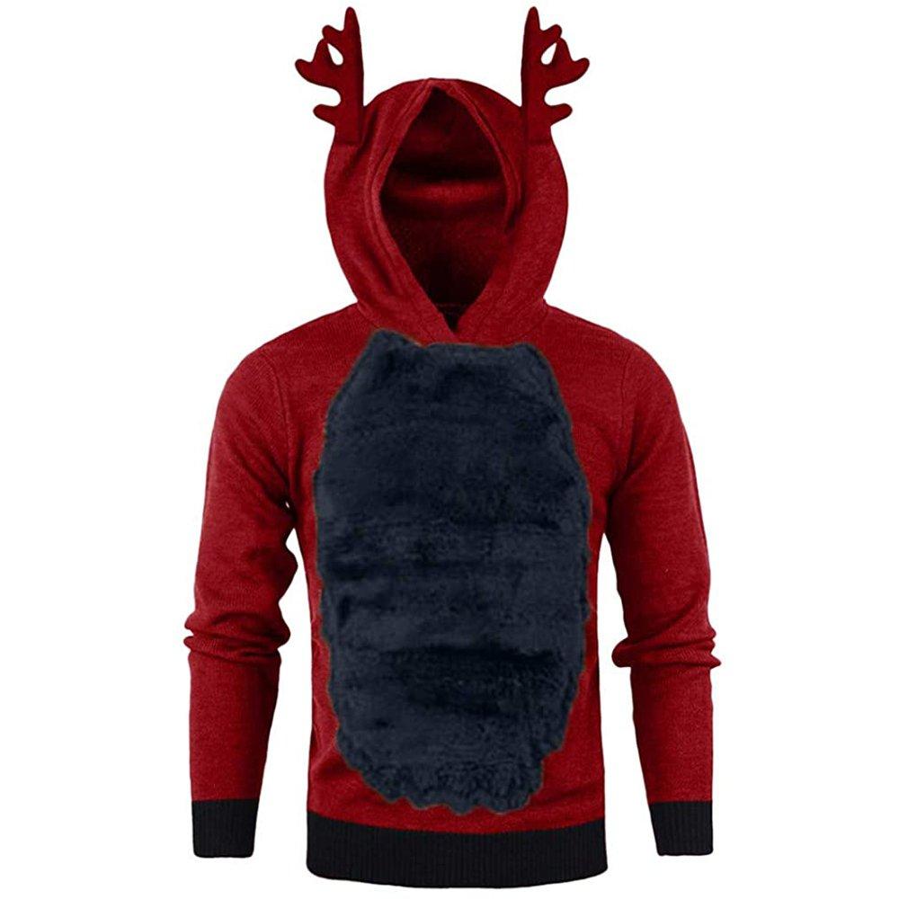 Christmas Hoodie for Men Sweatshirt Furry Reindeer Jacket Plus Velvet Coat