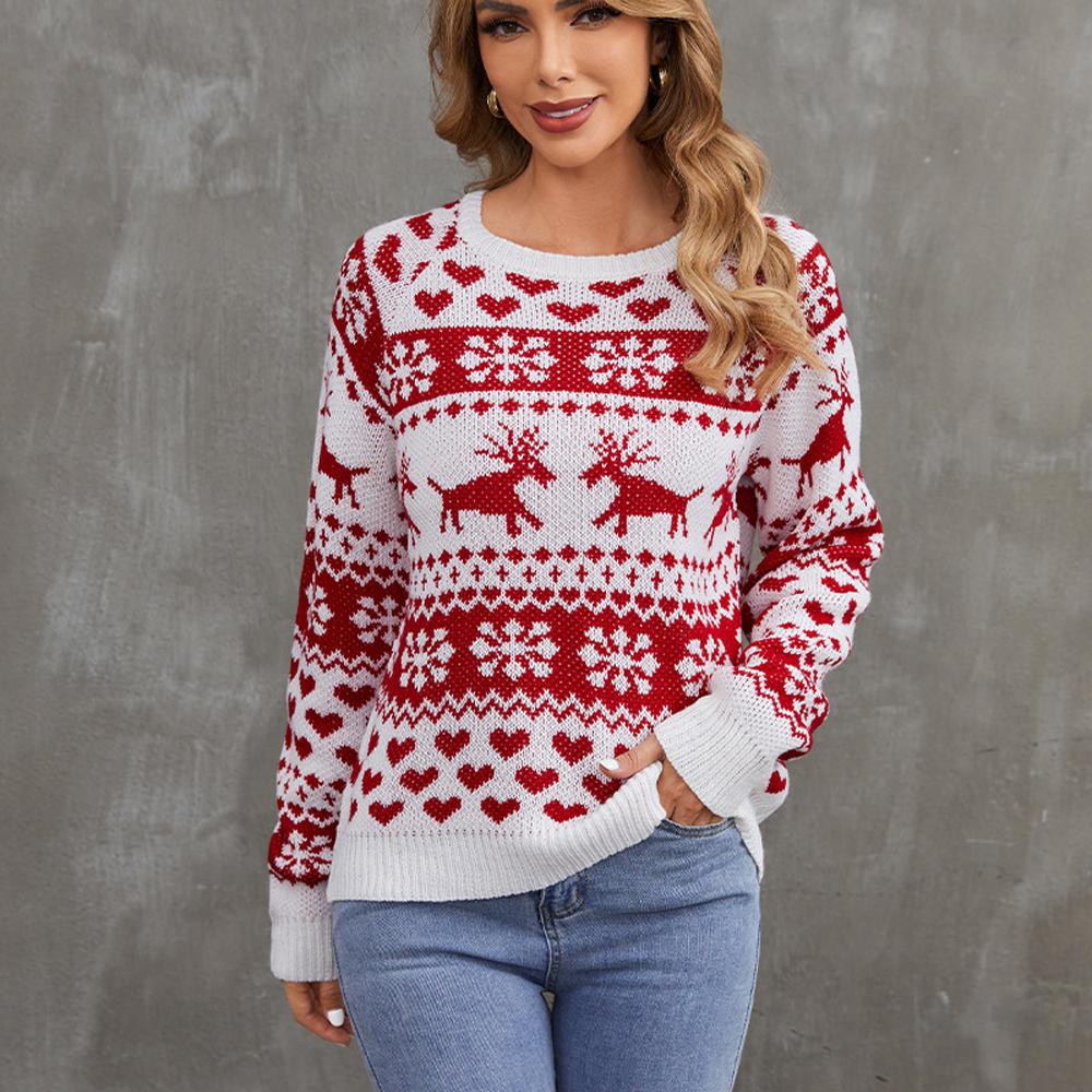 Women's Christmas Ugly Sweater Reindeer Snowflake Knitwear Round Neck Christmas Sweaters|?PajmasBuy