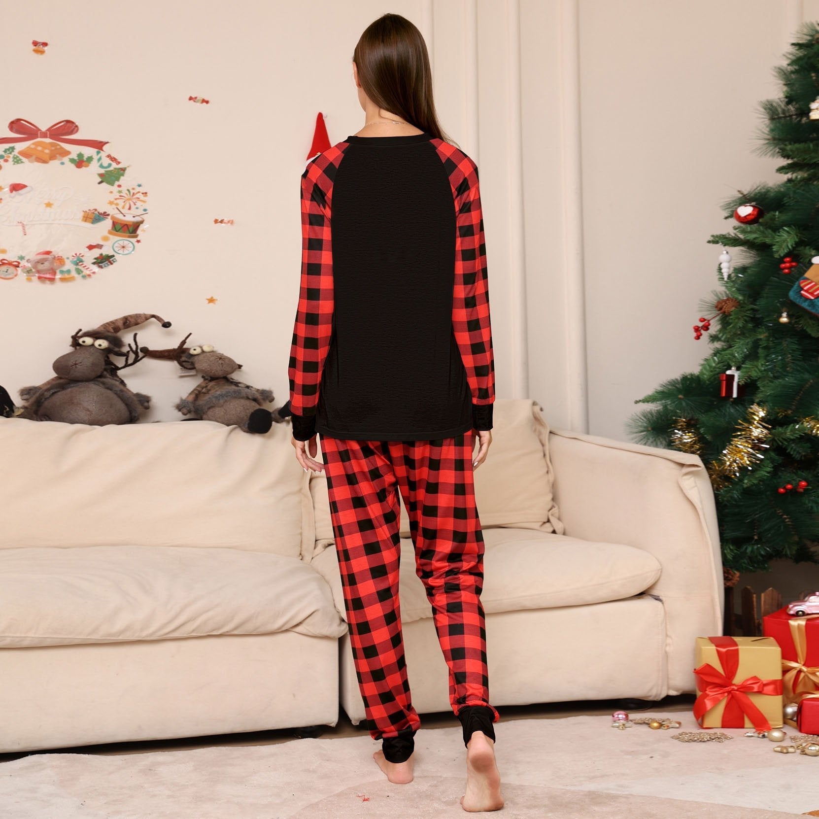 Black Solid Color Plaid Print Christmas Family Couples Matching Pajamas Party Sets