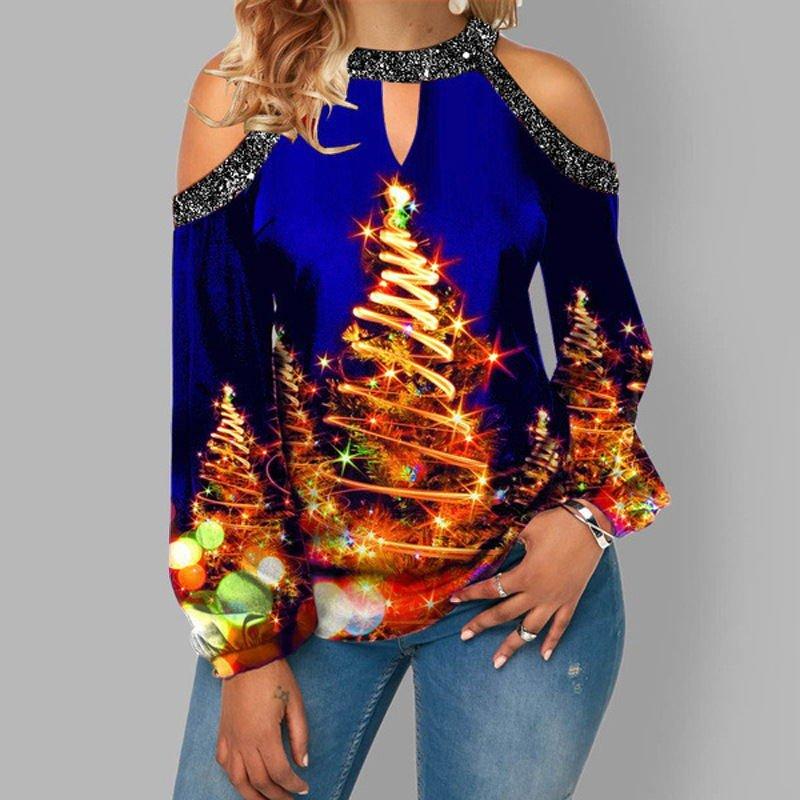 Deer Print Sexy Off-shoulder Plus Size Blouse with Lantern Sleeves T Christmas Women's Clothing