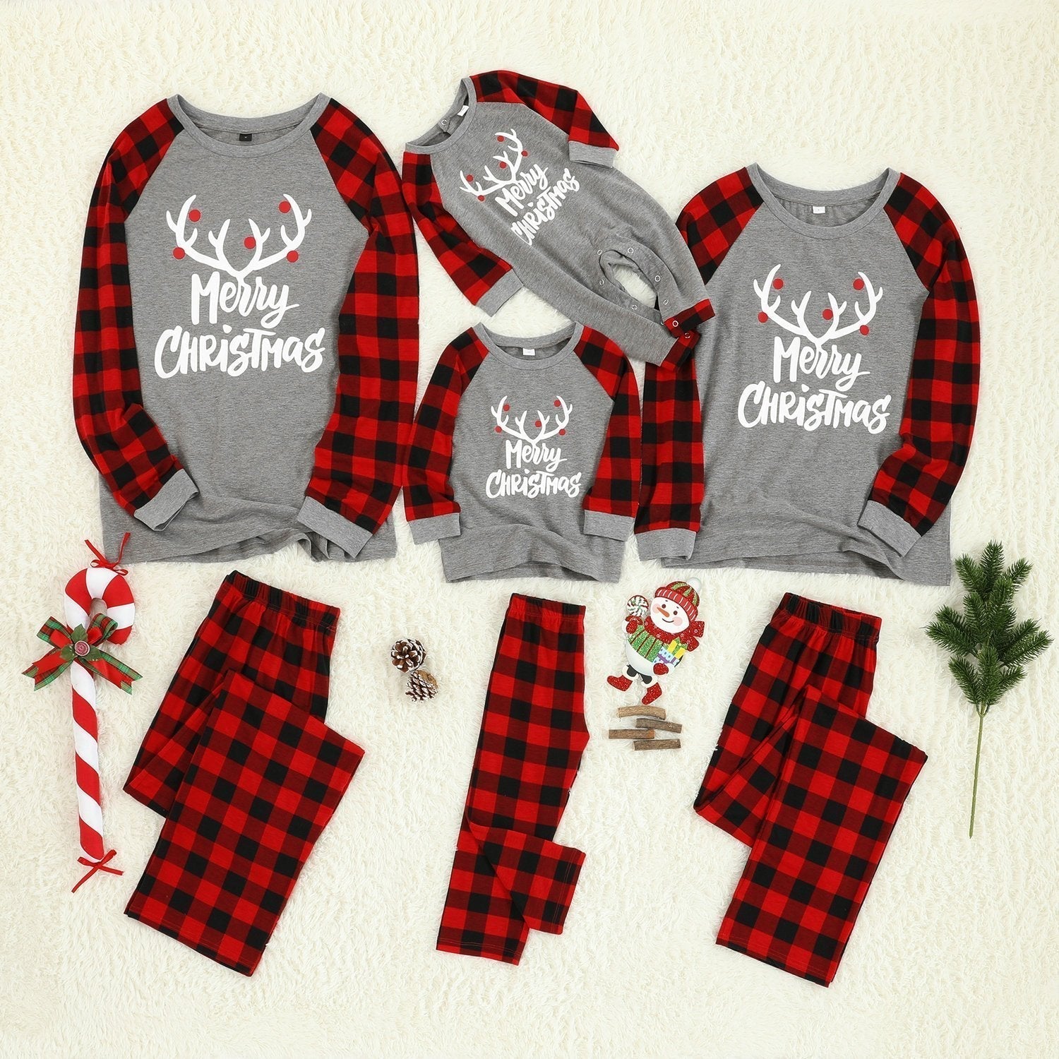 Christmas Family matching Deer print plaid Pajamas two Pieces Set Santa Patterned