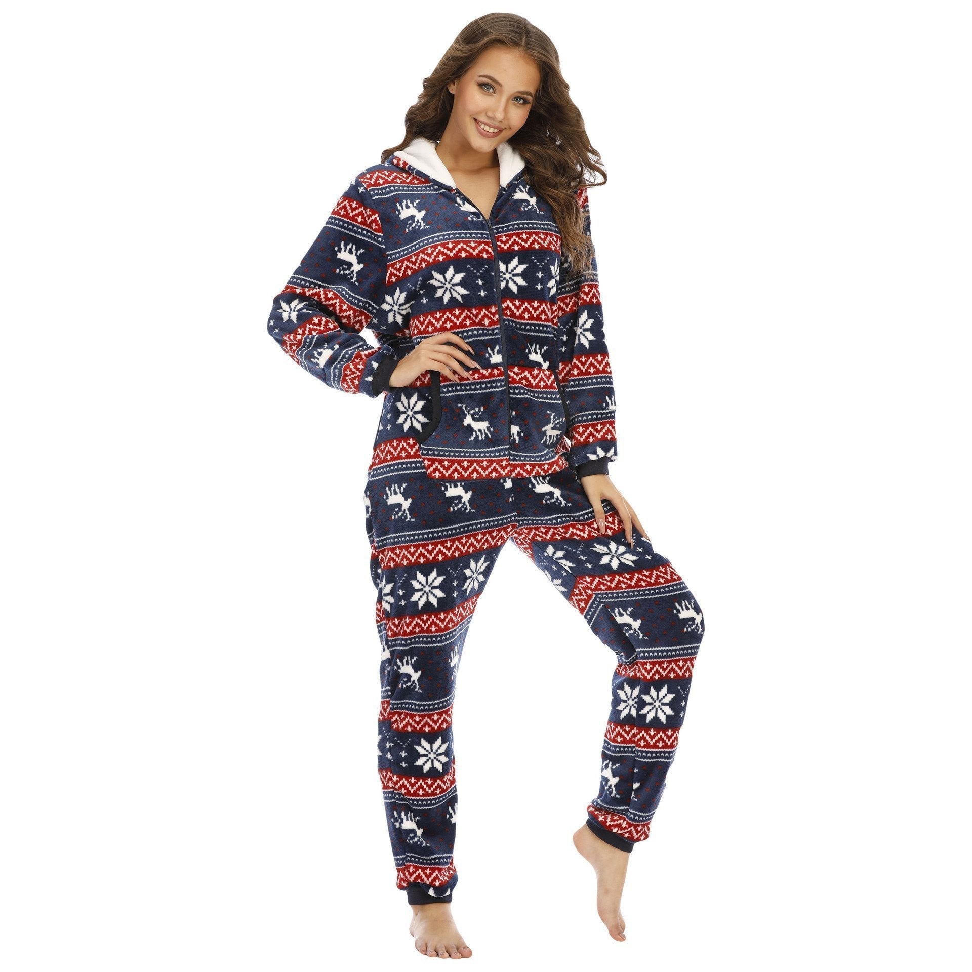 Women's Pajamas Coral Fleece Christmas elk snowflake Onesie Hooded Jumpsuit Pajamas for Adult