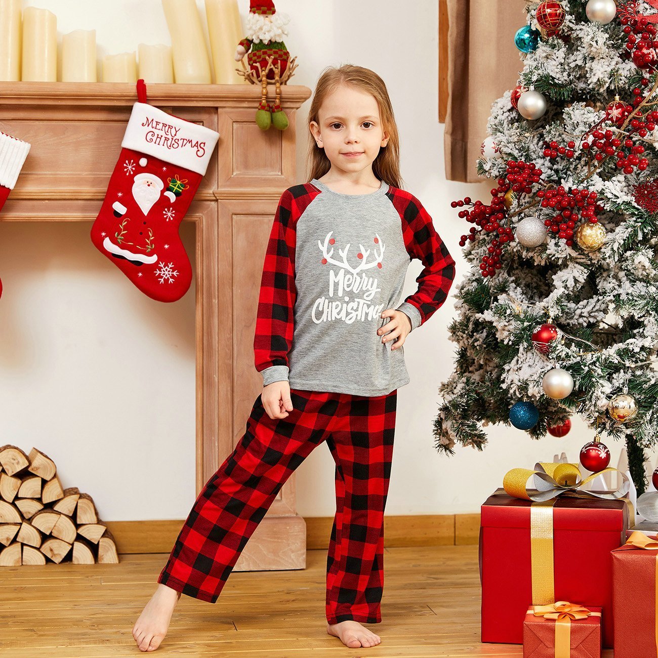 Christmas Family matching Deer print plaid Pajamas two Pieces Set Santa Patterned