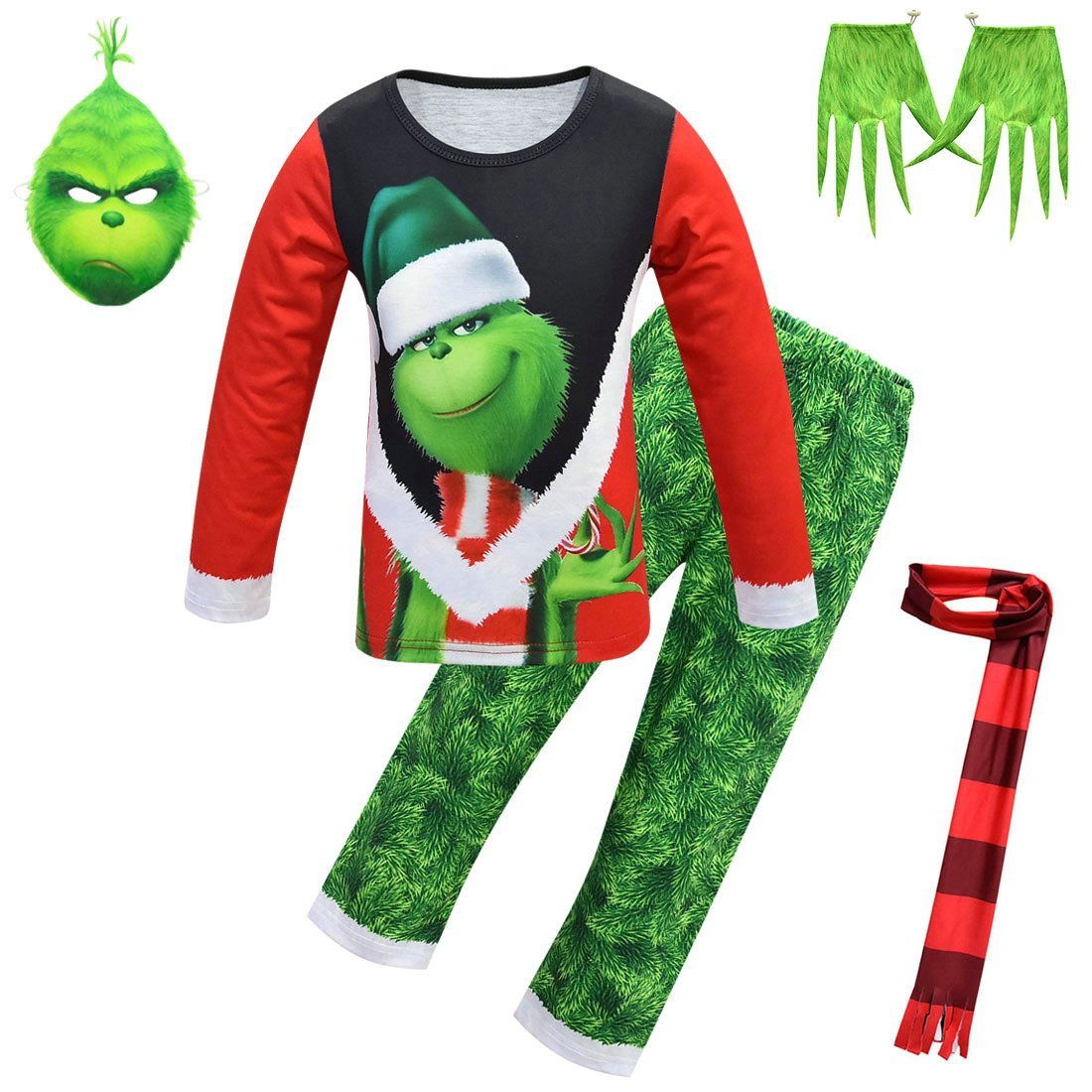 Green Monster Grinch Kids Boys Costume Mask Golves Set Christmas Gift