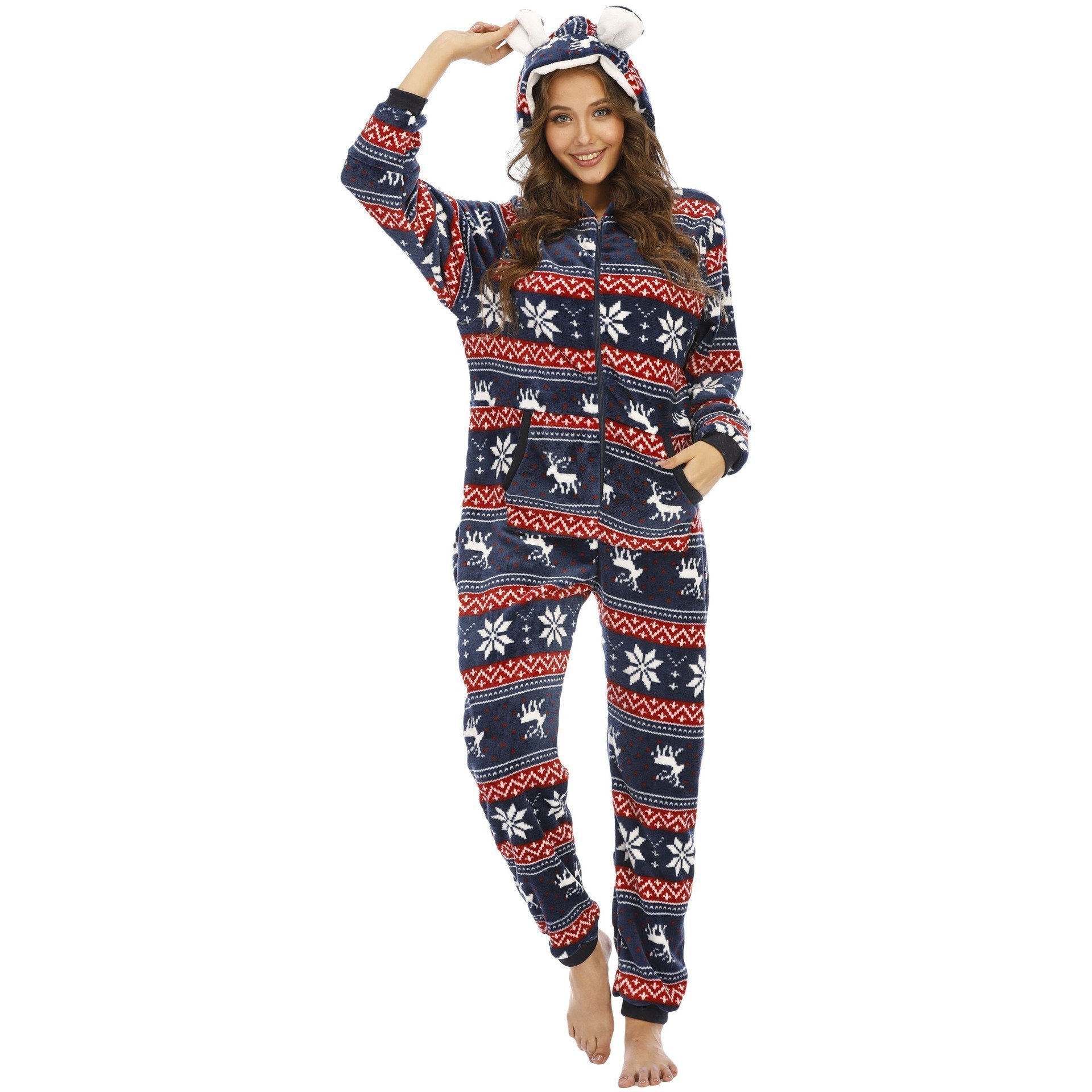 Women's Pajamas Coral Fleece Christmas elk snowflake Onesie Hooded Jumpsuit Pajamas for Adult