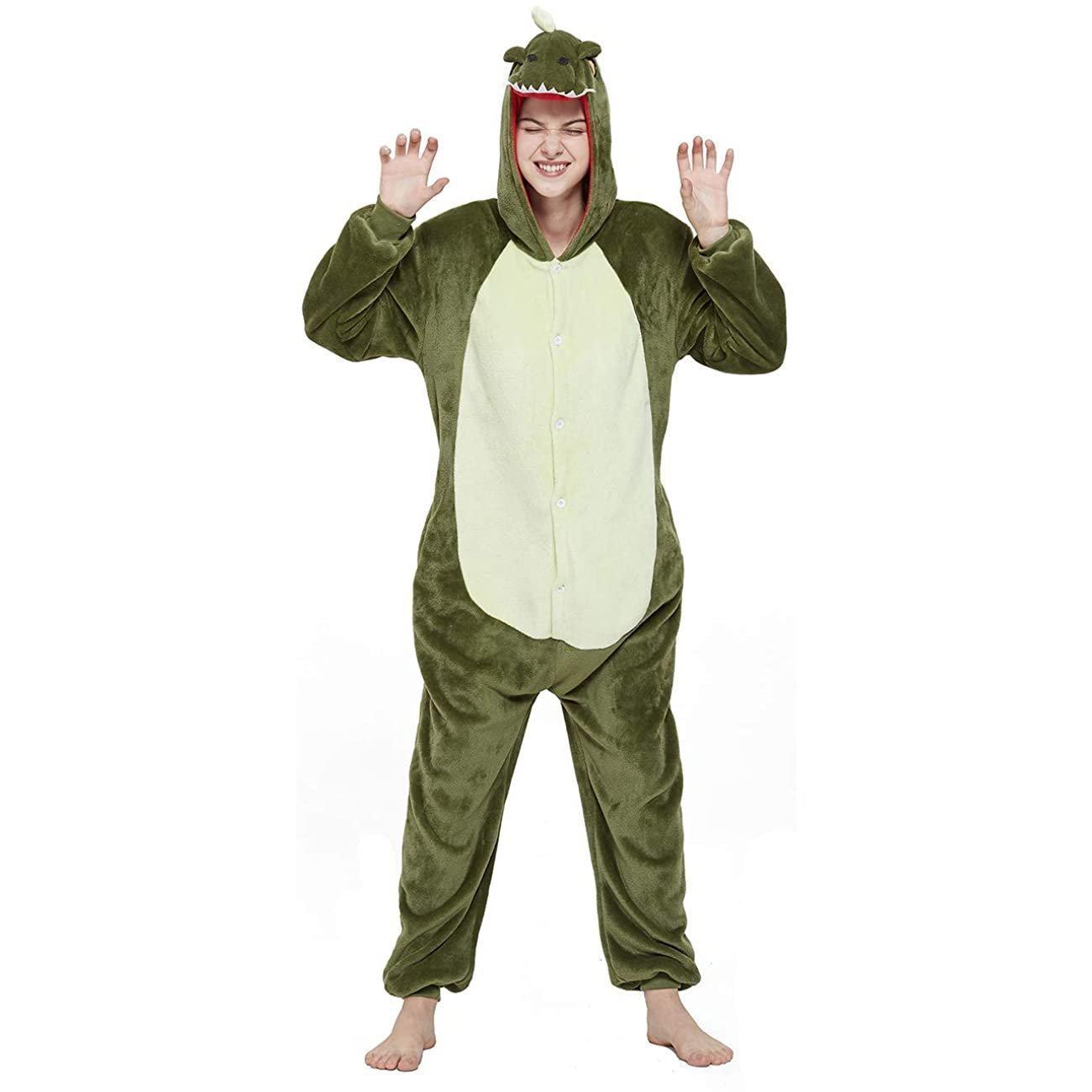 Onesie Kigurumi Pajamas Print New green dinosaur Adult's Flannel Winter Sleepwear Animal Costume - Pajamasbuy