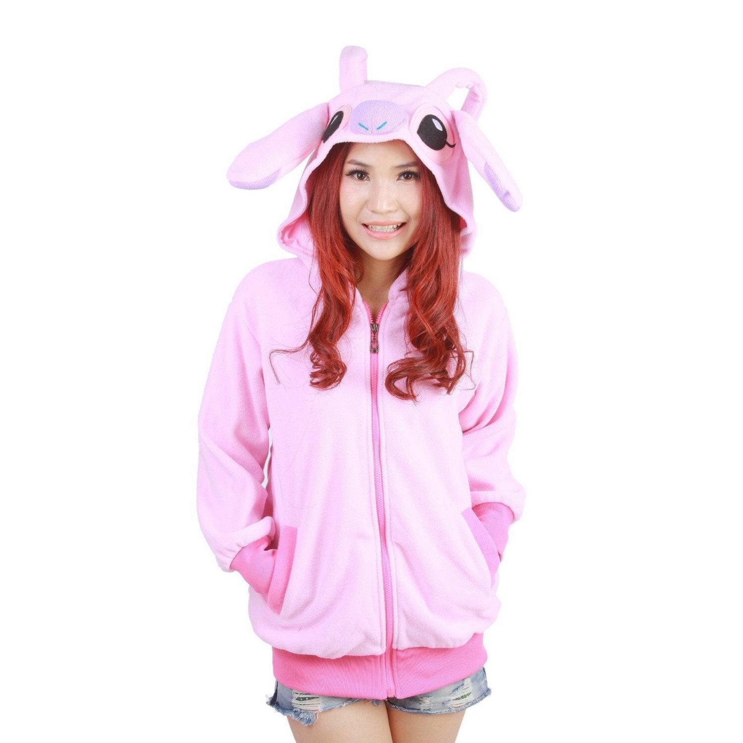 Pink Stitch Long Sleeve Cartoon Kigurumi Cotton Hoodie Coat Jacket - Pajamasbuy