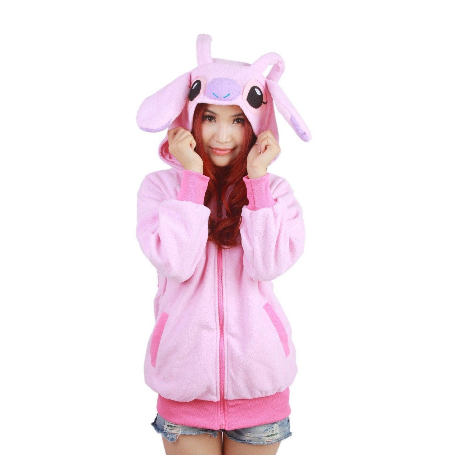 Pink Stitch Long Sleeve Cartoon Kigurumi Cotton Hoodie Coat Jacket - Pajamasbuy