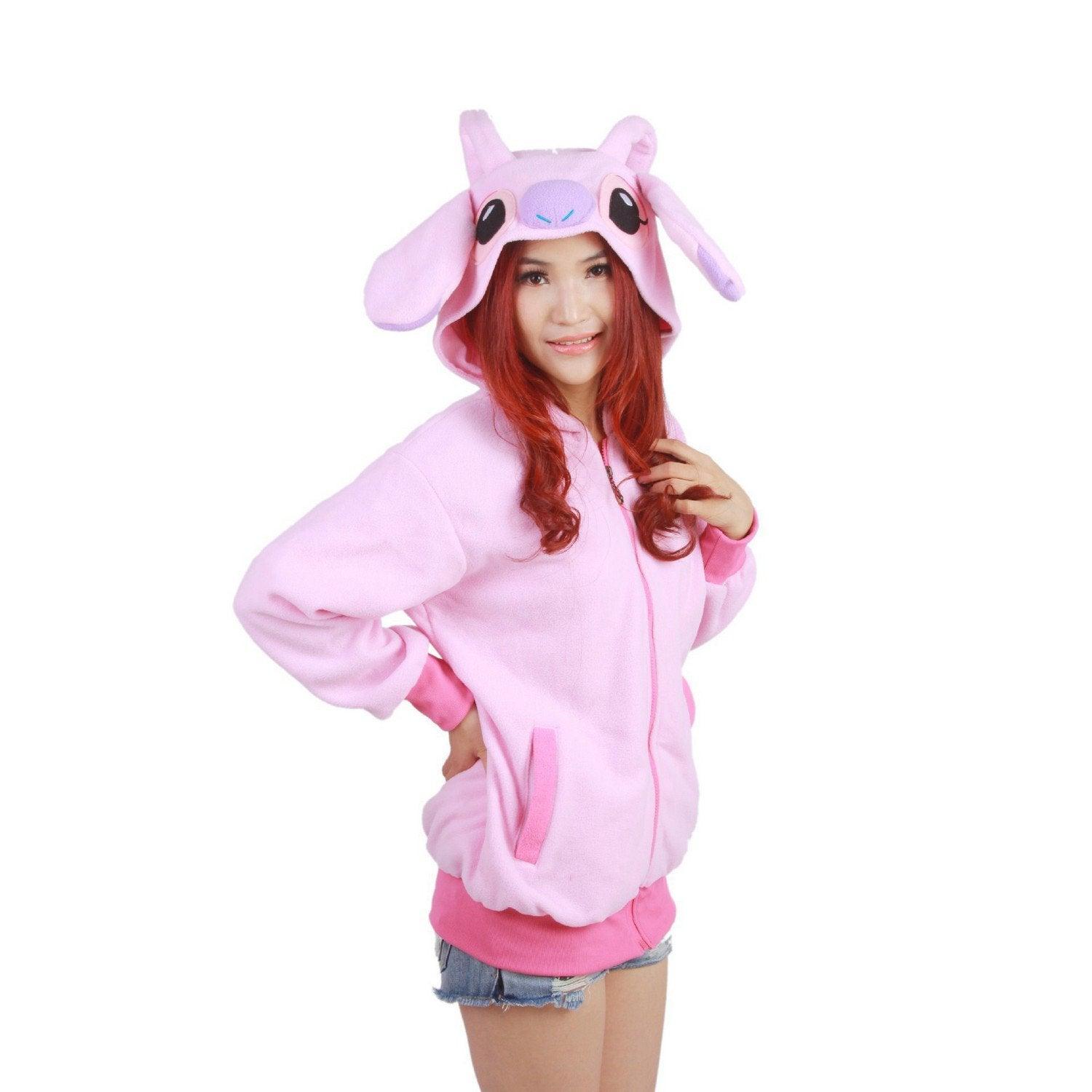 Pink Stitch Long Sleeve Cartoon Kigurumi Cotton Hoodie Coat Jacket - Pajamasbuy