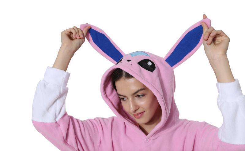 BuyPokemon Pink Glaceon Eevee Kigurumi Onesie Hoodie Costume Pajamas Sylveon Eevee Pajamas Now Cheaper With 3 - 5 Days Ship - PajamasBuy